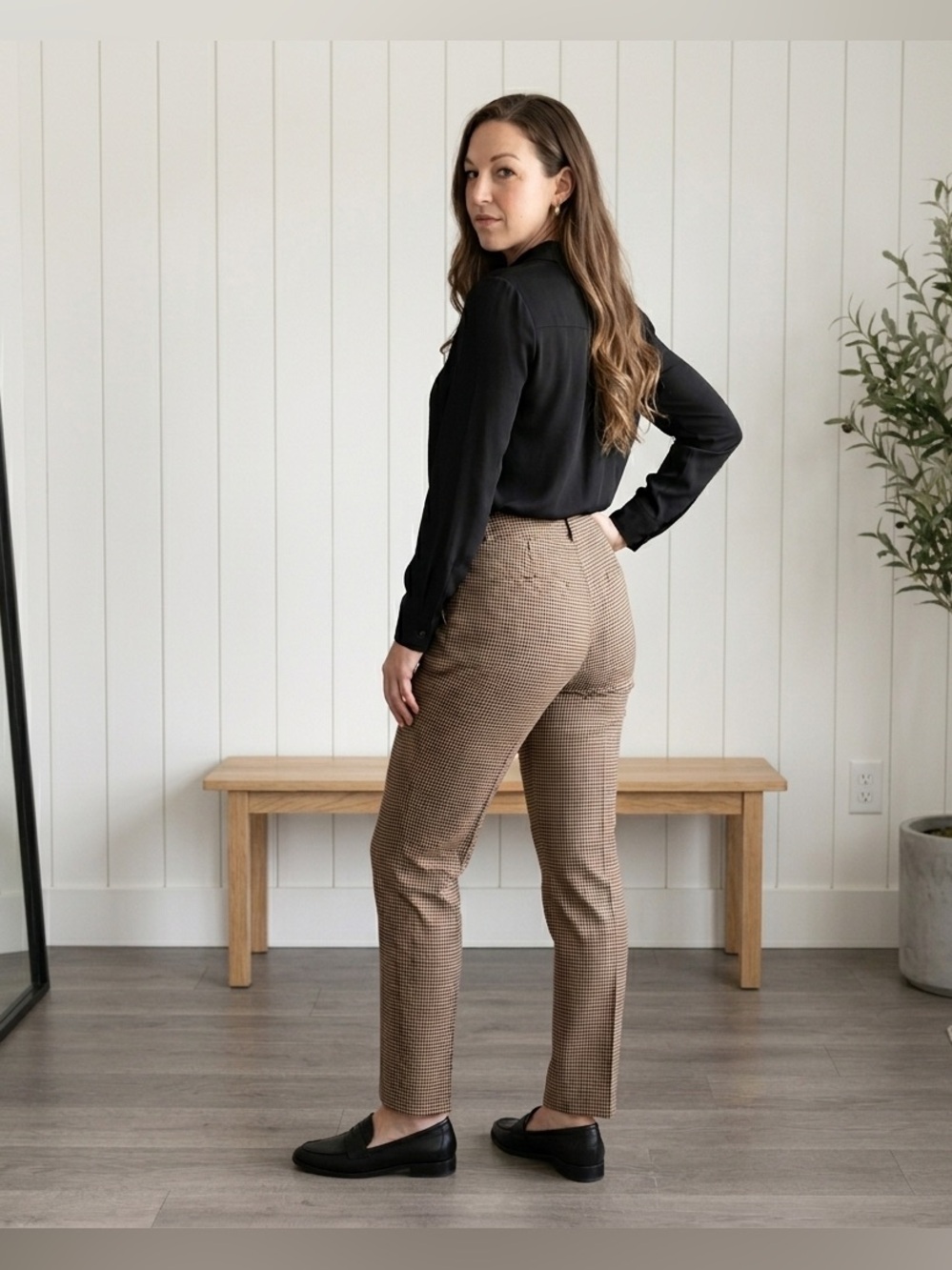 Zara Woman Brown Houndstooth Plaid Straight Leg Pants Size 4